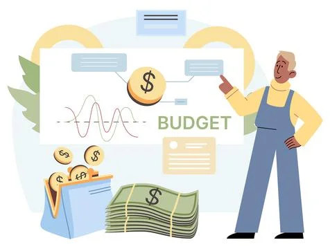 Analyzing budget concept. Man analyzing financial data on graph report and Stock Illustration
