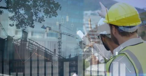 Analyzing building site, construction workers in safety gear using digital Ilustración de archivo