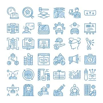 Analyzing business concepts with various blue doodle sketches イラスト素材
