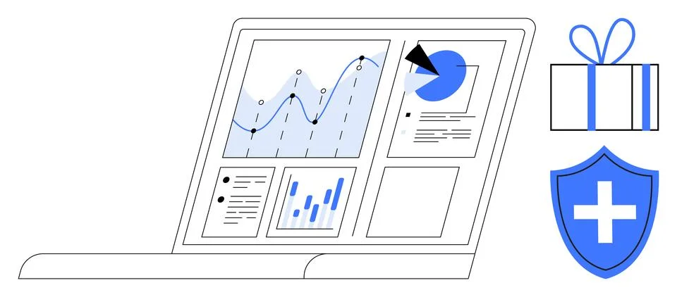 Analyzing Business Data on Laptop with Presentation and Protection Icons Illustrazione stock