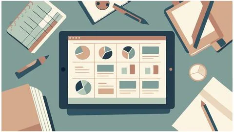 Analyzing Business Data on Tablet Key Performance Indicators Charts and Graphs Stock Illustration