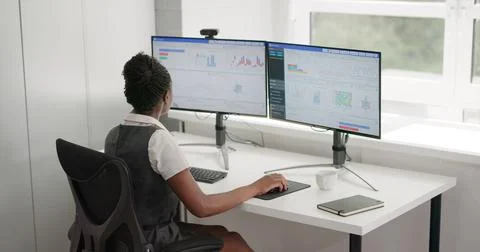 Analyzing Business Performance Data On Computer Dashboard, Young African Woma Stock Photos
