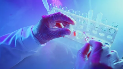 Analyzing Chemical Samples in a Laboratory With Neon Lighting Stock Footage 281707751