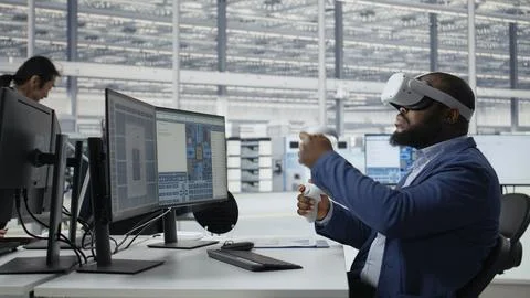 Analyzing chip architecture, VR headset and specialist in microchip factory lab Stock Photos