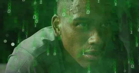 Analyzing code man wearing grey shirt leaning forward in digital scene, with Stock Photos