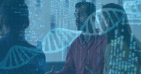 Analyzing colleagues in work clothes reviewing at office meeting with DNA Foto stock