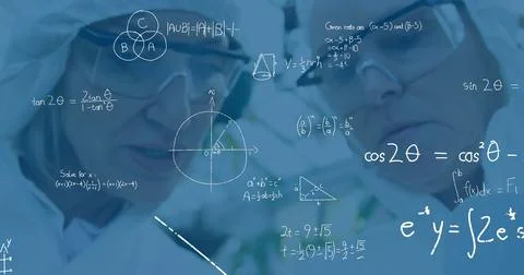 Analyzing complex equations on transparent board, scientists in lab coats Stock Photos