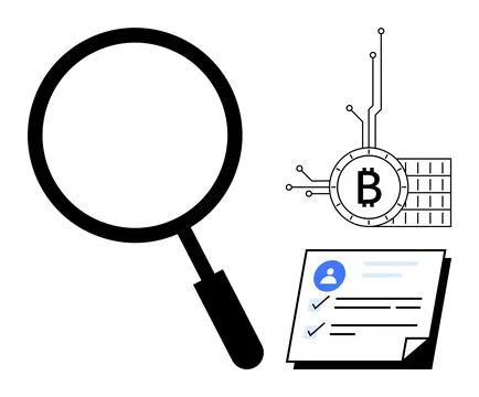 Analyzing Cryptocurrency through Magnifying Glass with Document Verification Stock Illustration