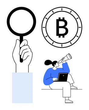 Analyzing Cryptocurrency Vector Hand Holding Magnifying Glass, Bitcoin Symb.. Ilustración de archivo