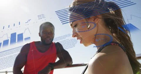 Analyzing data, African American man and woman interacting with digital イラスト素材