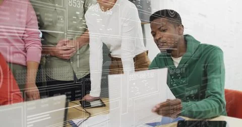 Analyzing data and discussing, diverse team in office with digital interface Stock Illustration