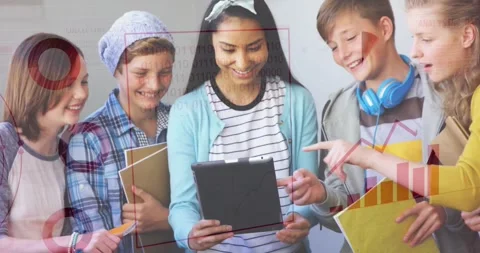 Analyzing data and graphs animation over diverse students using tablet Stock Footage 329775755