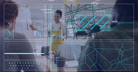 Analyzing data and graphs image over diverse business people in office Stock Photos