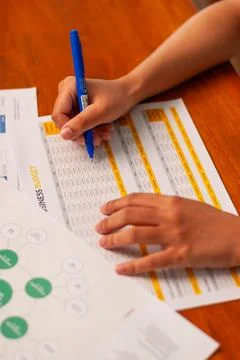 Analyzing data and statistics with pen home office document review focused .. Stock Photos