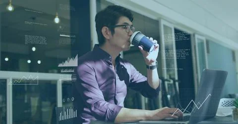 Analyzing data, Asian man typing on laptop in glass office, wearing plum shirt, Stock Photos