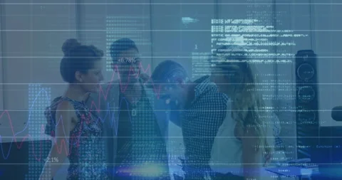 Analyzing data, business team reviewing digital graphs and code at office Stock Footage 306244534