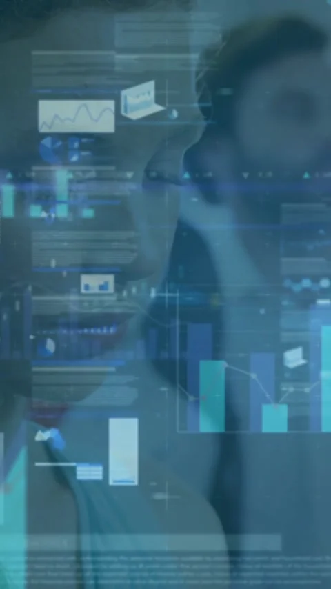 Analyzing data charts and graphs, business professionals in futuristic office Stock Footage 319617689