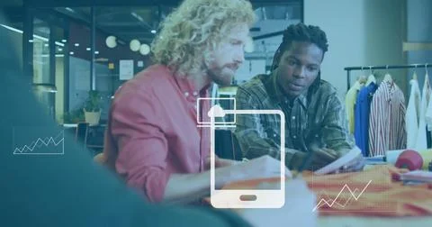 Analyzing data charts and graphs image over colleagues collaborating in office Stock Illustration