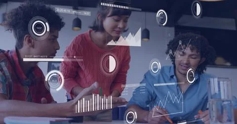 Analyzing data charts and graphs image over diverse business team collaborating 写真素材