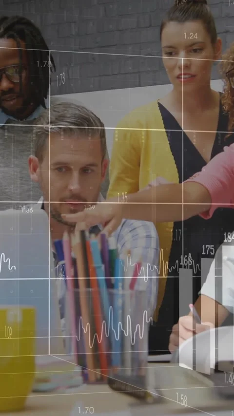 Analyzing data charts animation over diverse team collaborating in office Stock Footage 319882944