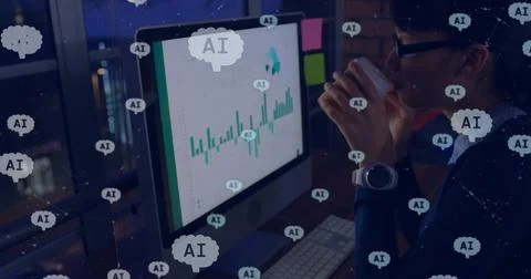 Analyzing data on computer screen, person drinking coffee in AI-themed workspace 스톡 사진