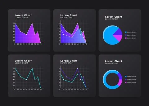 Analyzing data with different infocharts graph ux dashboard dark set Stockillustratie