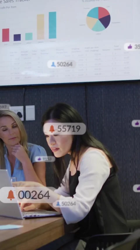 Analyzing data with digital animation overlay, business team in conference room Stock Footage 319617245