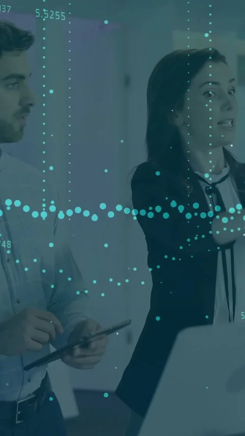 Analyzing data with digital animation overlay, business team discussing in Stock Footage 319727612