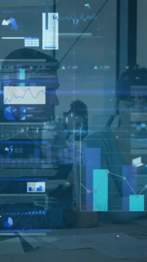 Analyzing data with digital graphs, business team collaborating in office Stock Footage 319811488