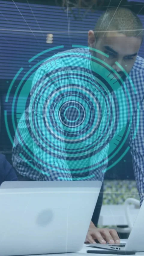 Analyzing data with digital interface animation, business team discussing in Stock Footage 319976034