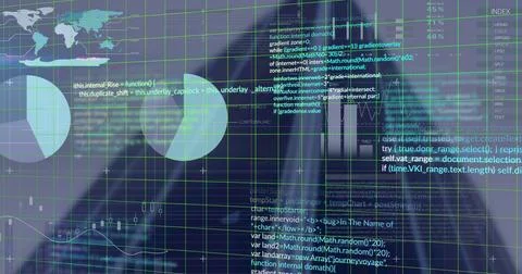 Analyzing data, digital interface displaying code and graphs in modern office Stock-Fotos