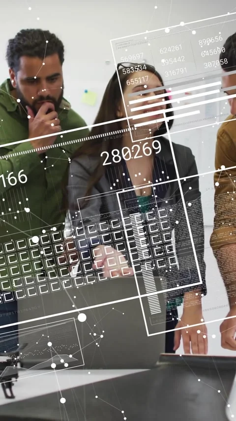 Analyzing data with digital interface, diverse team collaborating in modern Stock Footage 344285300