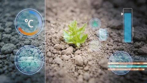 Analyzing data from a fresh plant sprout, Smart farming concept Foto stock