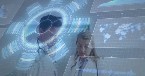 Analyzing data with futuristic interface, doctors in animation-themed school Stock Footage 327064703