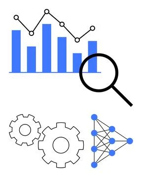 Analyzing Data with Gear Mechanism, Network Nodes, Bar Graph, and Magnifyin.. Stock Illustration