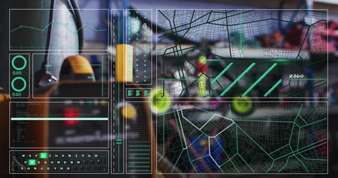 Analyzing data graphs and network on digital interface with animation effects Stock Footage 303588160