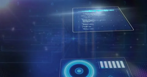 Analyzing data graphs and sound waves, digital interface on blue background Stock Footage 304095463