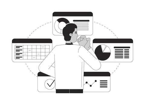 Analyzing data insights for decision making bw 2D illustration concept Illustrazione stock