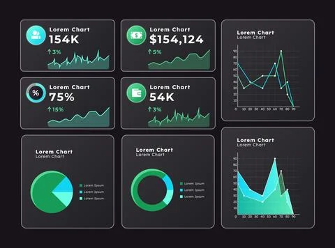 Analyzing data in real time graph ux dashboard dark set Stockillustratie