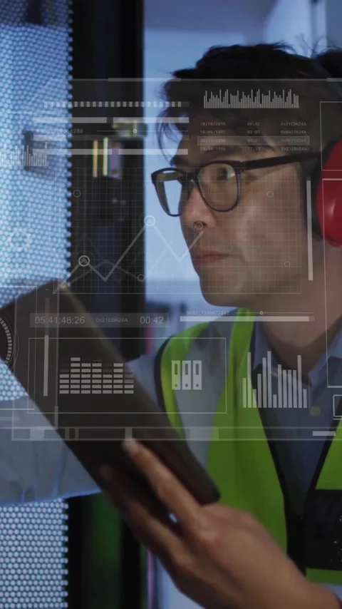 Analyzing data on tablet, engineers in server room with digital interface Stock Footage 343028608