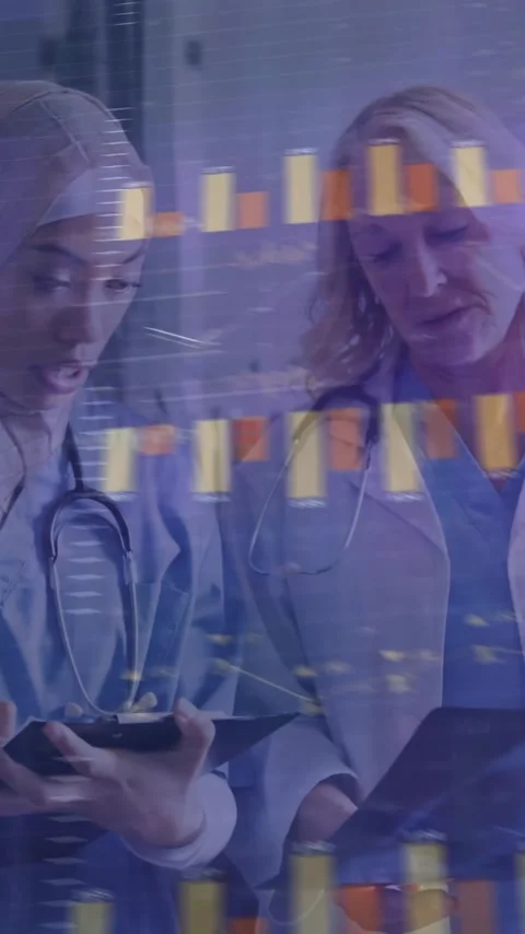 Analyzing data on tablet, healthcare professionals with medical chart animation Stock Footage 341977028