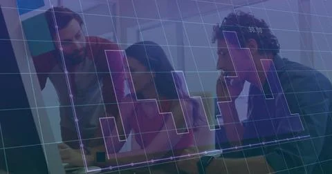Analyzing data team of three colleagues examining bar chart overlay at wooden Foto stock