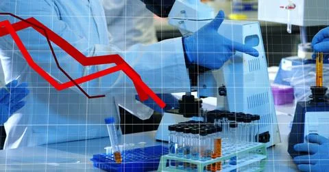 Analyzing data with test tubes and microscope, scientists researching solutions Foto stock