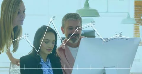 Analyzing data by three professionals on large desktop monitor in office, with Stock Photos
