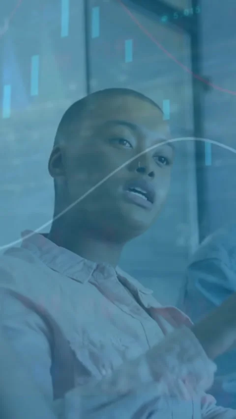 Analyzing data trends animation over diverse business team in meeting Stock Footage 319975983