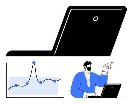 Analyzing Data Trends Person with Laptop and Chart Illustrating Growth and .. Stock Illustration