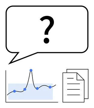 Analyzing Data Uncertainty Question Mark in Speech Bubble with Graph and Pape Illustrazione stock