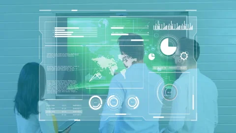Analyzing digital data and graphs, people using transparent screen in school 動画素材 306227671