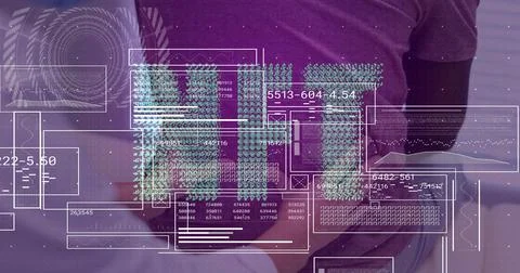 Analyzing digital data overlays team standing behind office desk, with tablet, 스톡 사진