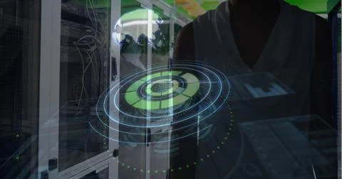 Analyzing digital interface, engineer focusing on futuristic technology in data Stock Photos